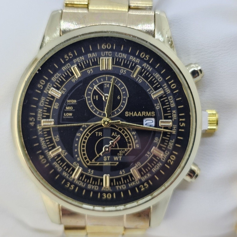 Men's 2PC Watch Bracelet Set 41MM Black Dial Date Gold Bracelet Band 7" Wrist - Picture 7 of 14